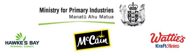 Corporate logos of the New Zealand Ministry for Primary Industries, McCain Foods, Kraft-Heinz-Watties and Hawke's Bay Regional Council